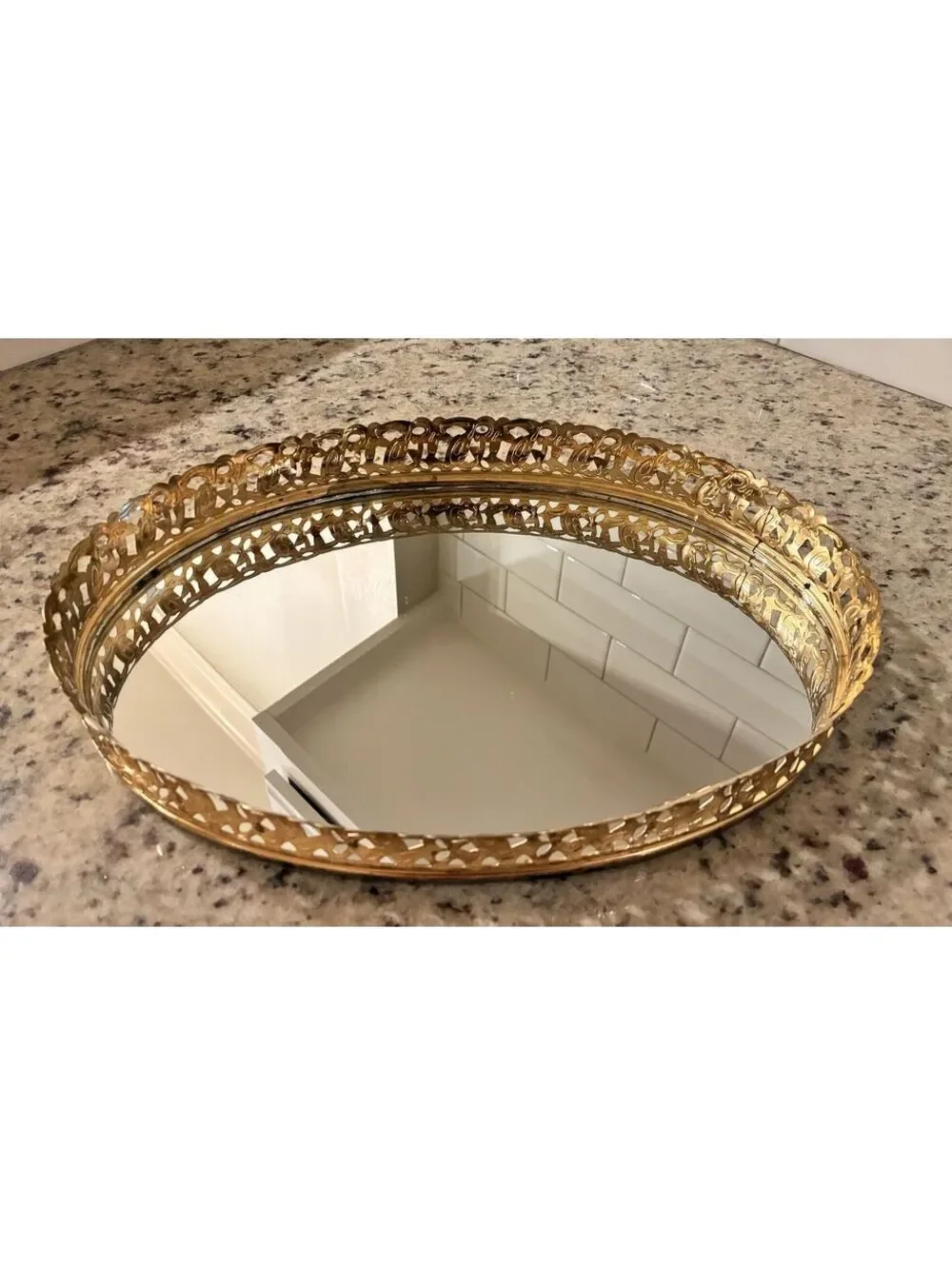 Vintage Gold Tone Decorative Oval Mirror Tray